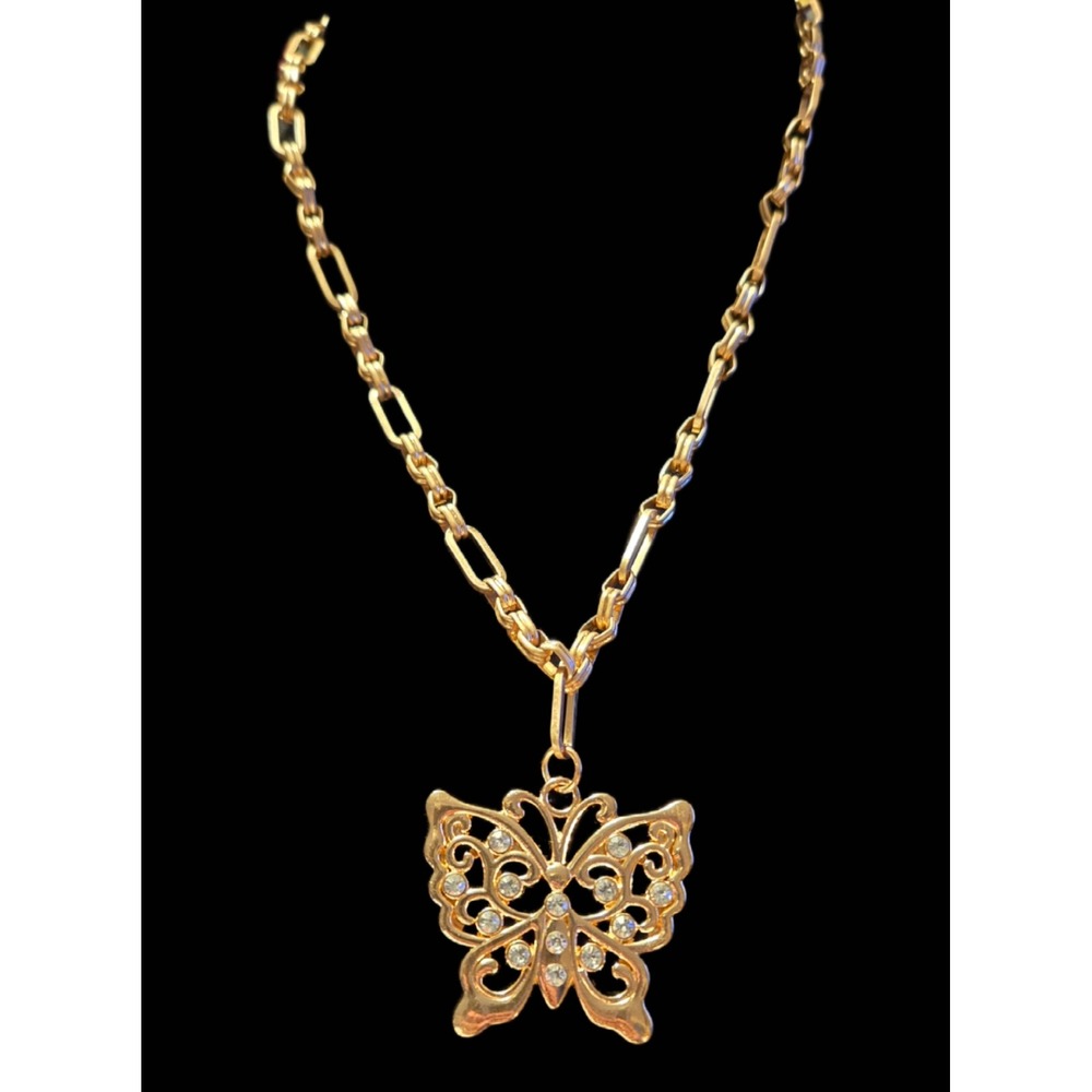 Gold Tone Butterfly Pendant Necklace Rhinestone Filigree Paperclip Link Chain
